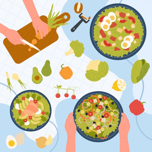 Receta vegetariana de preparación de ensalada de guarnición manos del chef cortando verduras