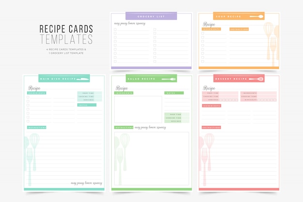 Recetas coloridas y plantillas de la lista de la compra
