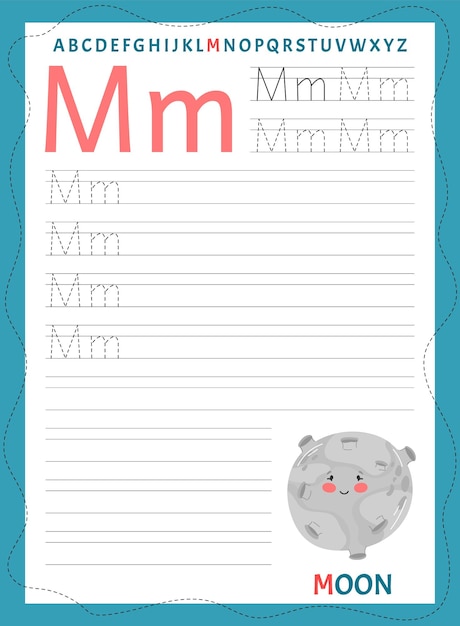 Recetas para niños Imagen en estilo escandinavo Escritura de letras Ilustración vectorial Letra M Luna