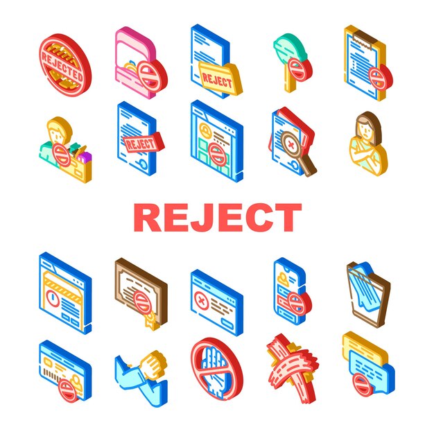 Rechazar negar documento cancelar iconos establecer vector negocio sello hombre negativo x mano incorrecta eliminar cros rechazar aprobar sello rechazar negar documento cancelar ilustraciones de signos isométricos