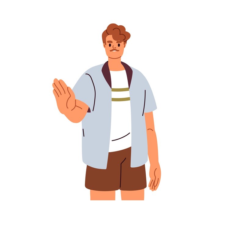 Vector rechazo sordo hombre que hace gestos con la mano para decir no persona que niega rechazando rechazando hombre que muestra el signo de rechazo con la palma del brazo ilustración gráfica vectorial plana aislada sobre fondo blanco