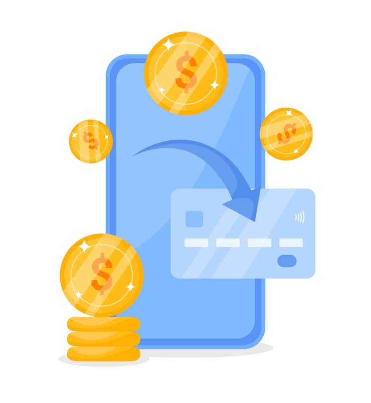 Vector recibir un bono de devolución de efectivo al pagar en línea montón de monedas con tarjeta de crédito y teléfono inteligente ahorrar dinero