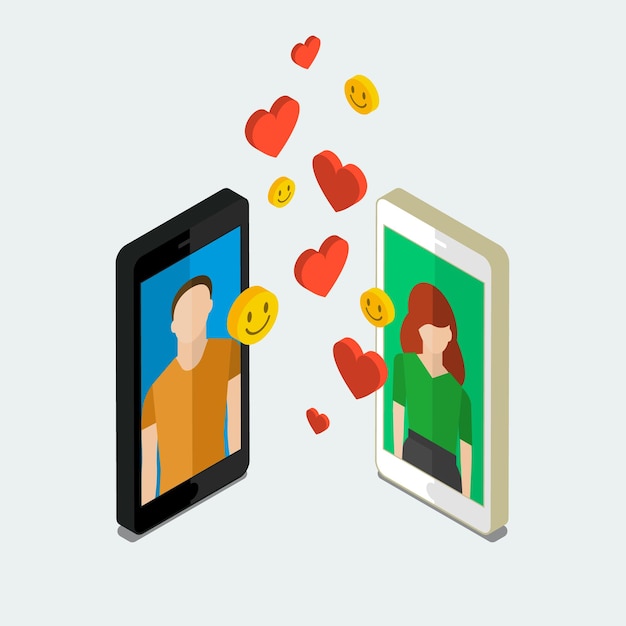 Recibir o enviar correos electrónicos de amor, relación a larga distancia. Teléfonos isométricos con corazones. Diseño plano, ilustración