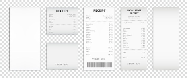 Recibos en efectivo en facturas en papel aisladas sobre un fondo transparente