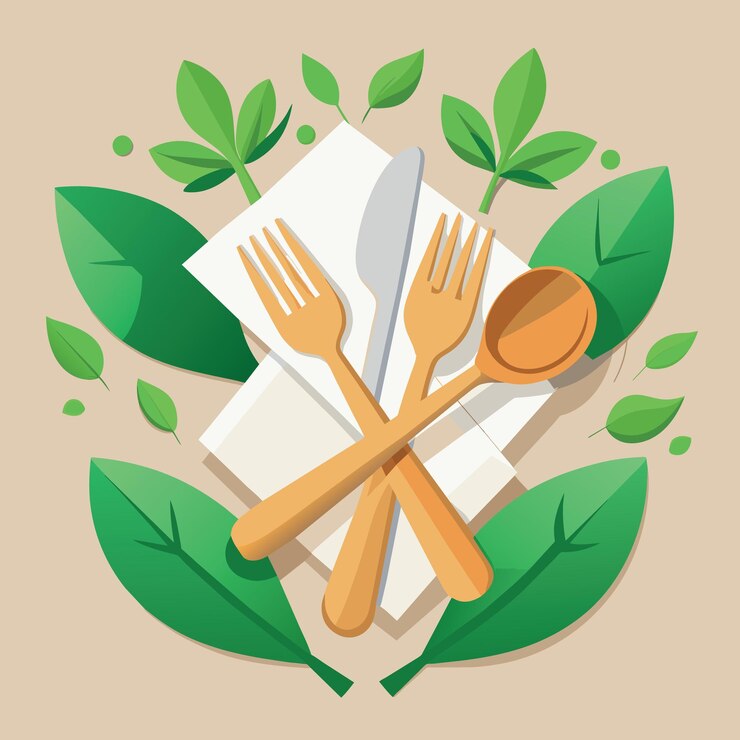 Vector reciclado ecológico horquilla de cuchara de madera desechable y papel de servilleta en vista superior aislados en tabla blanca