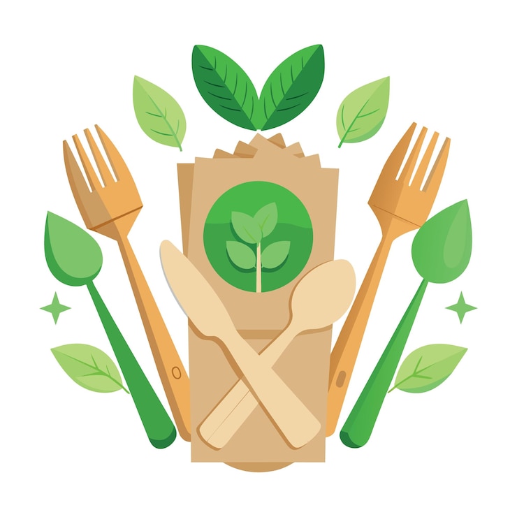 Vector reciclado ecológico horquilla de cuchara de madera desechable y papel de servilleta en vista superior aislados en tabla blanca