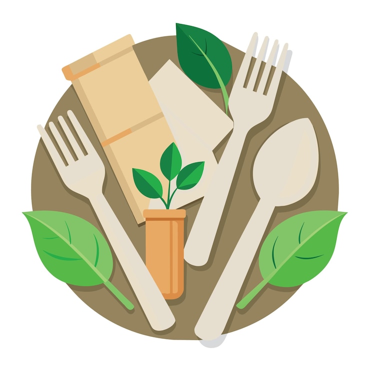 Vector reciclado ecológico horquilla de cuchara de madera desechable y papel de servilleta en vista superior aislados en tabla blanca