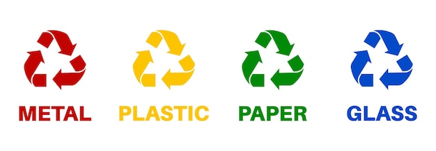 Reciclaje de clasificación de residuos plástico vidrio metal papel ilustración vectorial