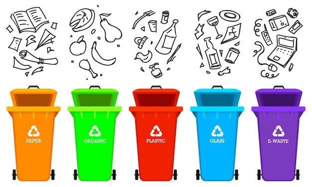 Reciclaje de elementos de basura bolsas o contenedores o botes para diferentes basuras clasificación y aprovechamiento de alimentos