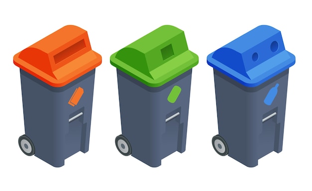 Reciclaje de elementos de basura. Clasificación y procesamiento de basura. Aprovecha los residuos. Los contenedores de basura de reciclaje coloridos isométricos cerraron un conjunto de vectores blancos aislados. bolsas de basura papeleras latas