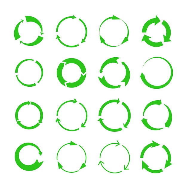 Vector reciclaje de flechas. círculos verdes flecha símbolos biodegradables, reciclar materiales ciclo iconos aislados