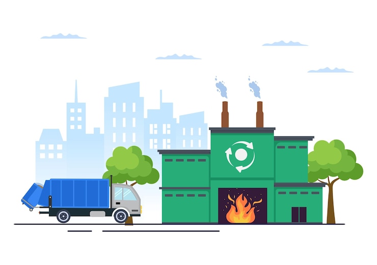 Vector reciclaje de fondo de ilustración plana de proceso ecológico con desechos orgánicos, papel o plástico recogidos en un camión y traídos para quemar
