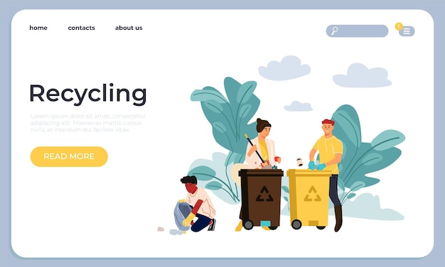 Reciclaje de la página de inicio Interfaz del sitio web con botones de título y texto Personas que clasifican la basura limpian el área de la basura Conversión de desechos vectoriales y uso de materias primas secundarias