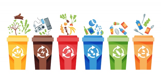 Reciclaje de recolección de basura. Contenedores de plástico para basura de diferentes tipos.