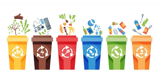 Vector reciclaje de recolección de basura. contenedores de plástico para basura de diferentes tipos.