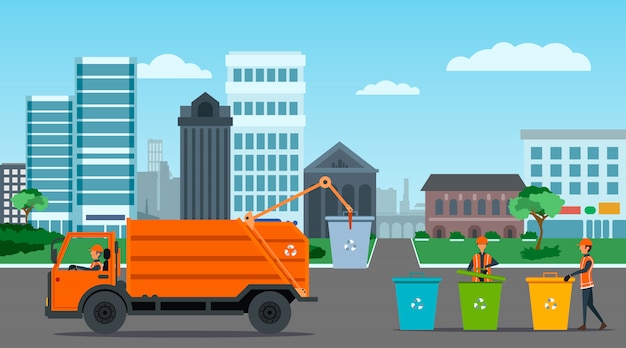 Reciclaje de residuos de la ciudad con la ilustración del camión de basura