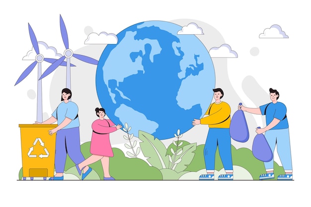 Reciclaje de residuos concepto de recursos renovables Grupo de personas que cooperan para la protección del medio ambiente y la sostenibilidad en un parque Ilustración vectorial del Día de la Tierra para imágenes de héroes de la página de destino