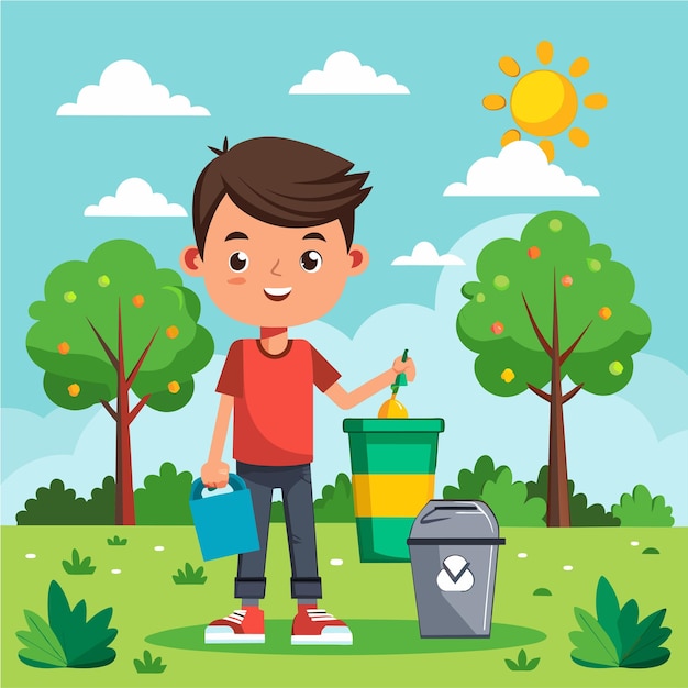 Vector reciclaje de residuos reciclaje limpieza eliminación de basura contenedor de basura concepto de icona de caricatura dibujada a mano