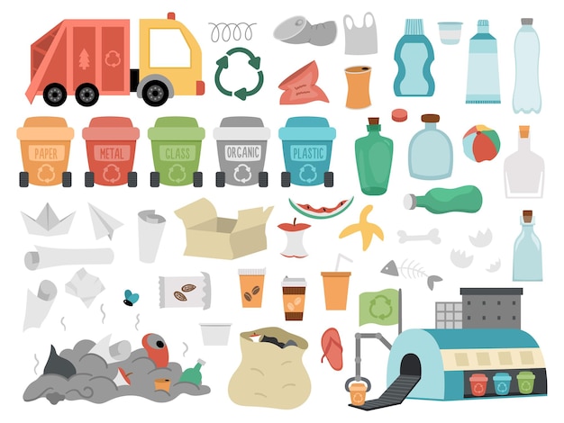 Vector reciclaje de residuos y recolección de clasificación conjunto ecológico vectorial para niños ilustración del día de la tierra con contenedores de basura plástico vidrio papel orgánico camión de planta de reciclaje de basura paquete amigable con el medio ambientexa