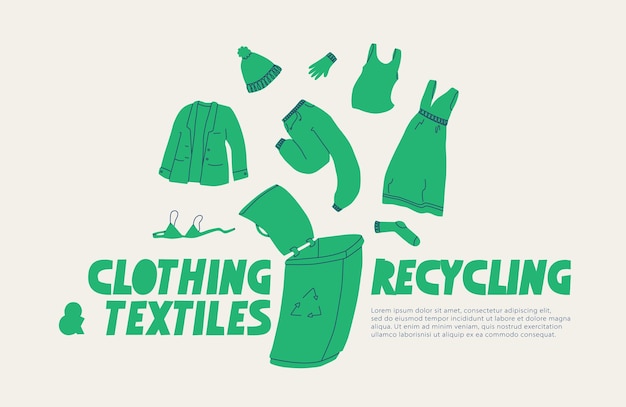 Reciclaje de ropa Un cartel que pide el reciclaje de ropa, calzado y textiles Ilustración plana de tendencia vectorial