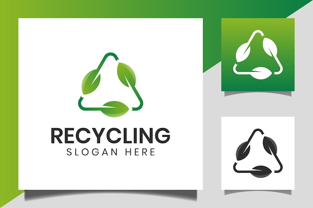 Vector reciclaje de triángulo con hoja verde, diseño de logotipo o icono de ecología de reciclaje