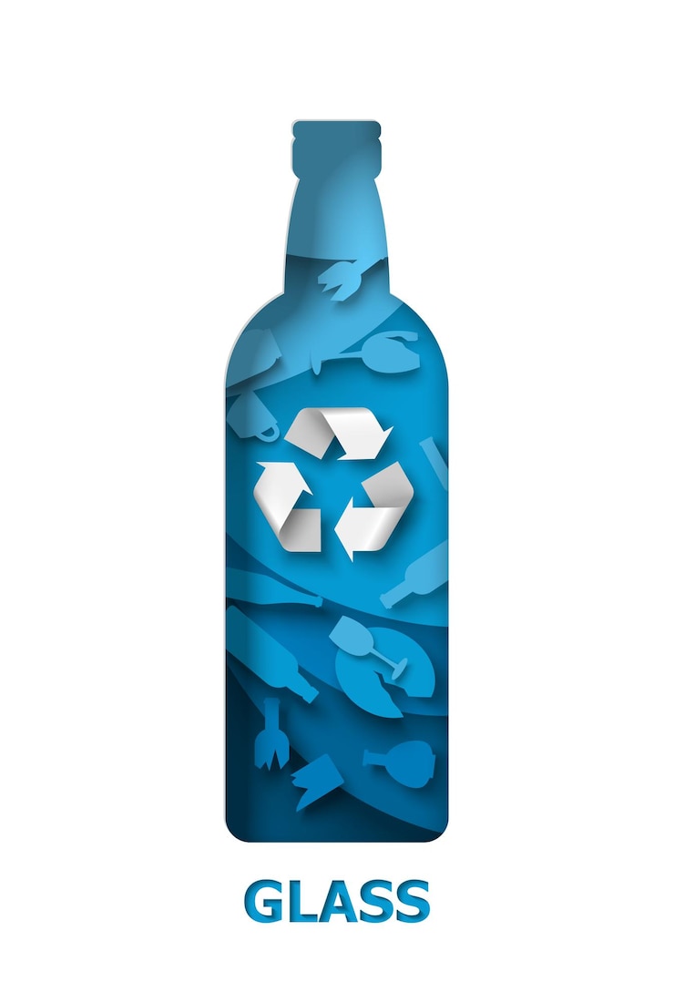 Vector reciclar la botella de vidrio con basura de vidrio y material reciclable signo vector corte de papel ilustración r ...