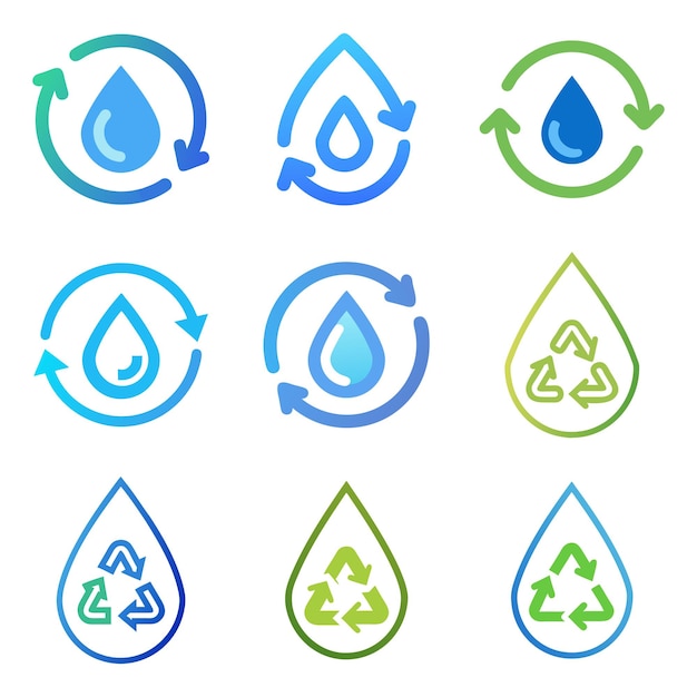 Reciclar gotas de agua Colección de íconos verdes y azules