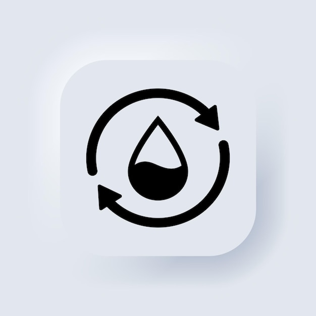 Reciclar el icono de agua. Gota de agua con 2 flechas de sincronización. Icono de reciclaje de líquido redondo negro único. Concepto de círculo de protección biológica del planeta. Botón web de interfaz de usuario blanco Neumorphic UI UX. Neumorfismo.
