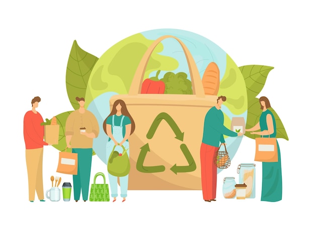 Recicle la bolsa ecológica cero residuos plásticos para la ecología del medio ambiente ilustración vectorial Reutilización orgánica plana respetuosa con el medio ambiente y bolsa de reutilización