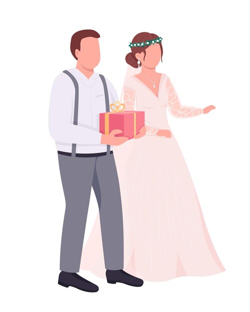 Recién casados con regalos personajes vectoriales de color semiplano. figuras de pie. gente de cuerpo completo en blanco. la recepción de la boda aisló la ilustración moderna del estilo de dibujos animados para el diseño gráfico y la animación