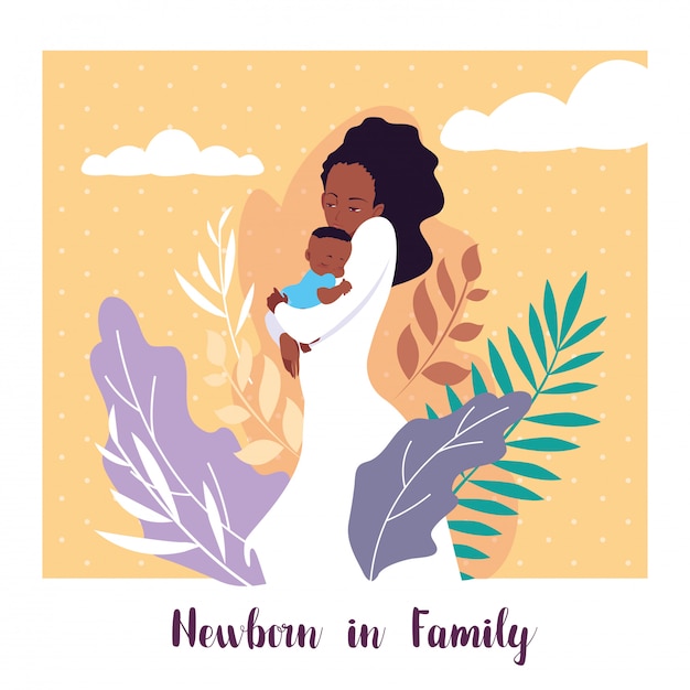 Vector recién nacido en tarjeta familiar con mamá afro y lindo hijo bebé