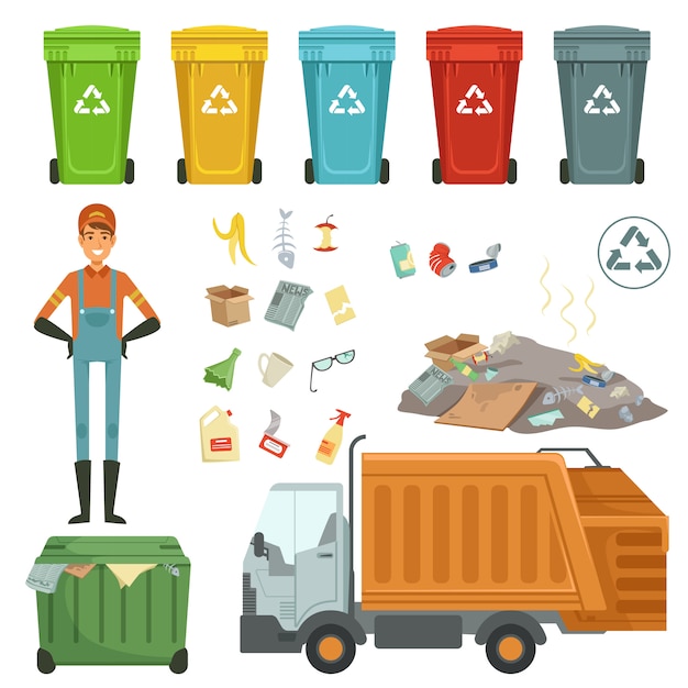 Recipientes de plástico para diferentes basuras. Ilustración vectorial de cosechadora de basura y recogedor
