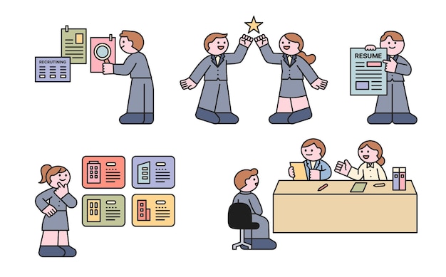 Reclutación y búsqueda de trabajo Un personaje lindo en traje pasa por el proceso de búsqueda de trabajo