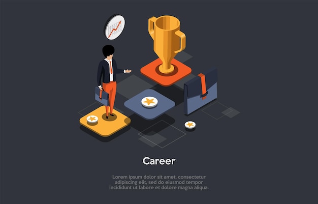 Reclutamiento de entrevistas de trabajo Contratación de empleo Trabajo independiente y escalera de carrera Un hombre de negocios exitoso está de pie en el podio con calificación de candidato de empleado Ilustración de vector 3d isométrica