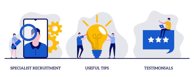Reclutamiento de especialistas, consejos útiles, concepto de testimonios con pequeños personajes e íconos