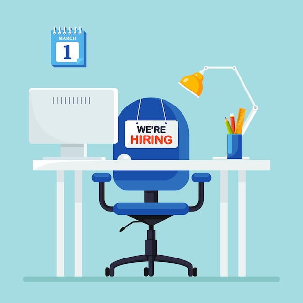 Reclutamiento. Interior de oficina con escritorio, silla vacía, computadora, laptop, documentos, lámpara de mesa. Lugar de trabajo para trabajador, empleado. Recursos Humanos, RRHH. Contratación de empleados. Entrevista de trabajo. diseño plano