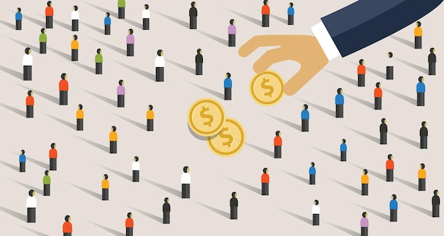 Recoger a mano y poner dinero de la multitud de personas Concepto de donación o corrupción