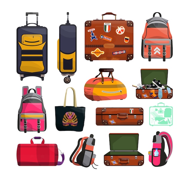 Vector recogida de equipajes y objetos de equipaje maletas retro y modernas mochilas bolsos y carteras