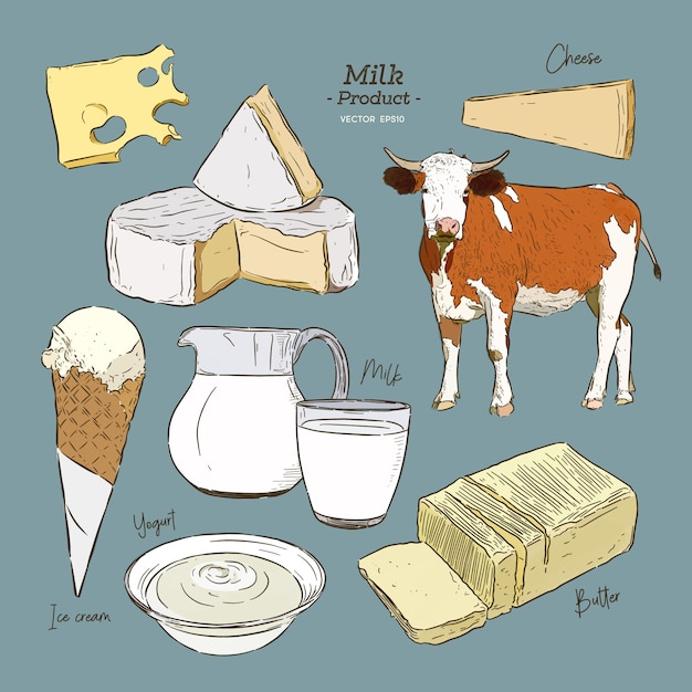 Vector recogida de productos lácteos. vaca, productos lácteos, queso, mantequilla, crema agria, cuajada, yogur