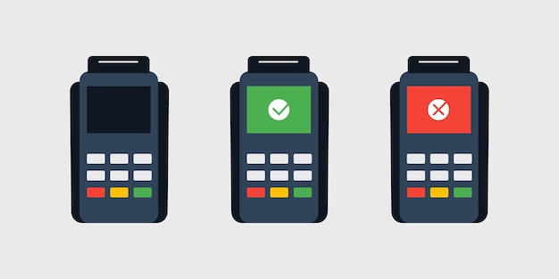 Recogida de terminal de pago con pantalla en blanco pago exitoso y cancelado Vector plano illustra