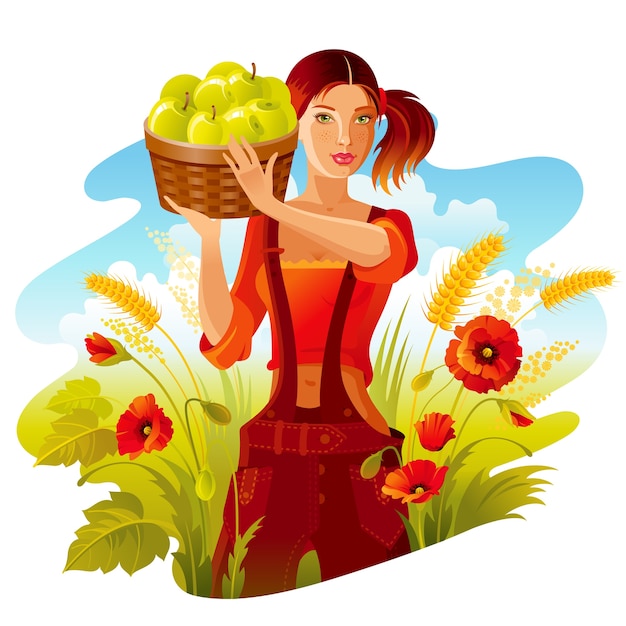 Vector recogiendo manzanas. muchacha hermosa del campo con la cesta de la manzana. paisaje de otoño, campo de amapolas de trigo. estilo de dibujos animados lindo
