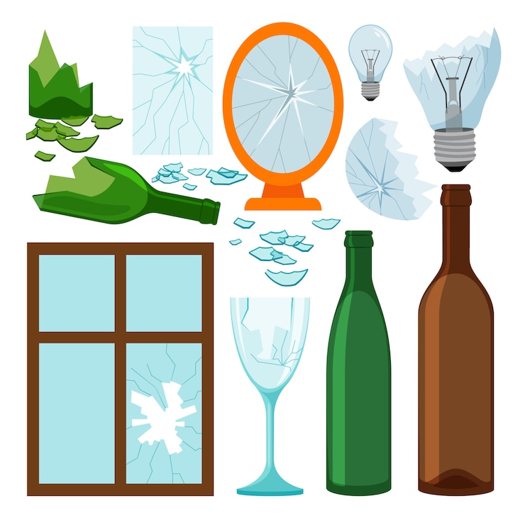 Vector recolección de basura de vidrio, botellas vacías, espejo brokem y ventana, iconos de bombillas