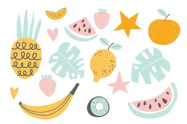 Recolección de frutas en ilustraciones de estilo plano dibujadas a mano Frutas tropicales y elementos de diseño gráfico Ingredientes imágenes prediseñadas de color Ingredientes de estilo de boceto Elementos de dibujos animados escandinavos aislados EPS