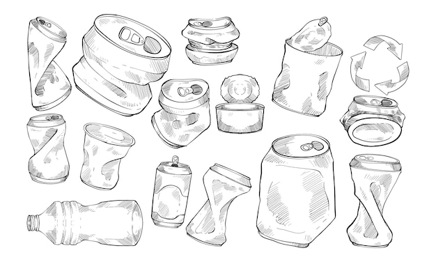 recolección de latas de reciclaje dibujadas a mano