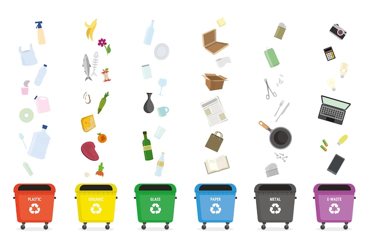 Vector recolección separada de la basura diferentes contenedores de basura para cada tipo de basura diseño de pancartas educativas