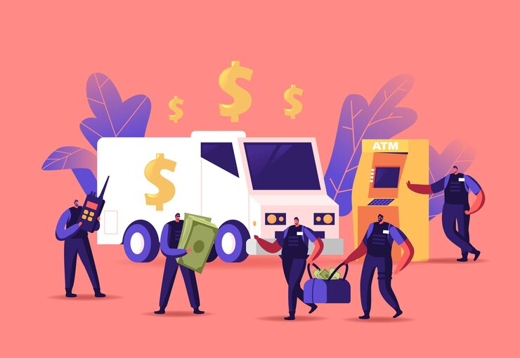 Vector los recolectores armados de los personajes de los guardias en tránsito llevan bolsas del cajero automático o de la oficina de cambio de divisas. recolección de efectivo para el transporte al banco, concepto de trabajo de convoy. ilustración de vector de gente de dibujos animados
