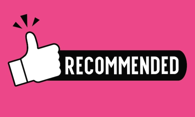 Recomendar diseño de iconos. Etiqueta roja recomendada con icono de pulgar hacia arriba en un diseño moderno de estilo plano. Vector