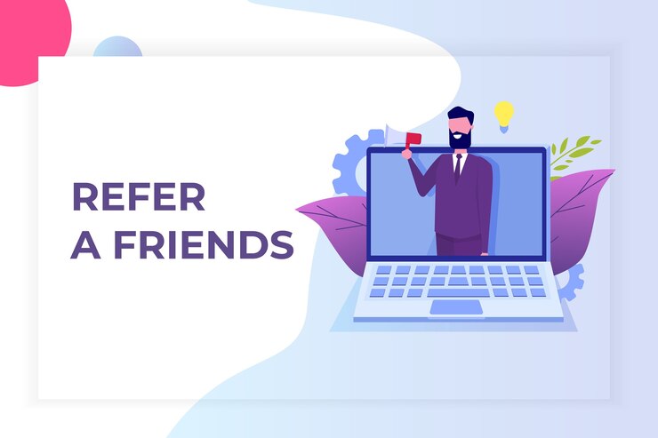 Vector recomiende a un amigo, marketing de redes de referencia. recomendar a un amigo. compartir código de referencia hombre grita en megáfono.