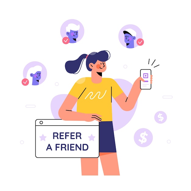 Recomiende un concepto de amigo con una joven que envía un código QR a sus amigos en un diseño plano