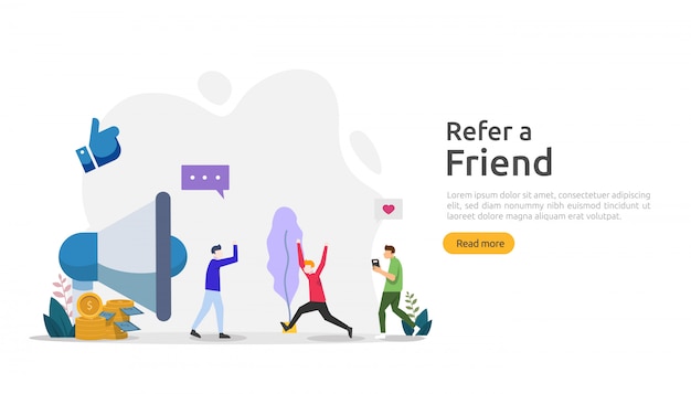 Recomiende una estrategia de amistad y un concepto de marketing de afiliación. Personajes que comparten una asociación comercial de referencias y ganan dinero. plantilla para página de inicio web, pancarta, póster, medios impresos